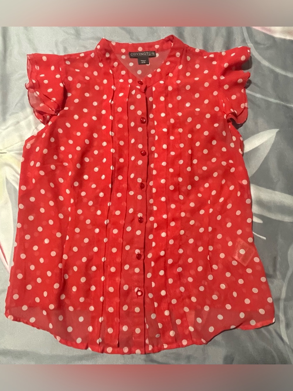 Covington Coral Red Polka Dot Button-Front Blouse